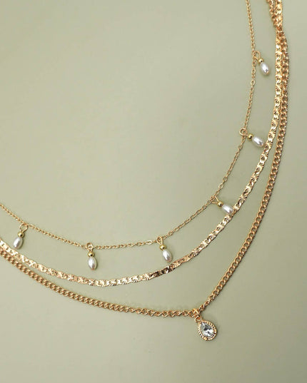 MULTI LAYER STONE CHAIN TEARDROP CHARM NECKLACE | 40NK9637