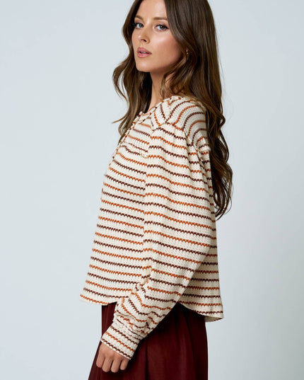 MULTICOLOR STRIPE LONG SLEEVE YOKE DETAIL KNIT TOP
