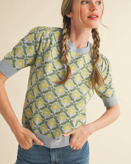 FLORAL PATTERN SHORT SLEEVE SWEATER MSW10860