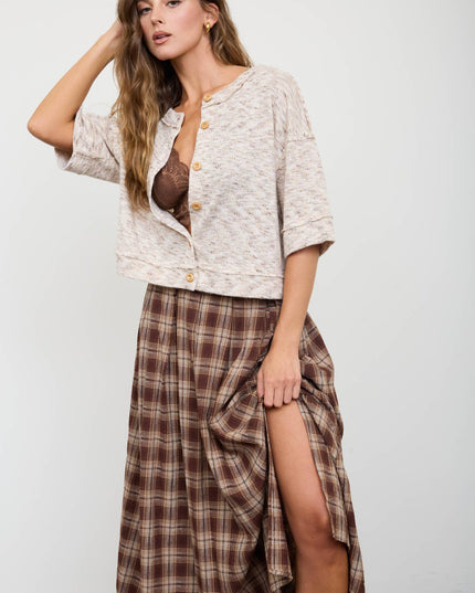 PLAID PLEATED SIDE SLIT MIDI SKIRT