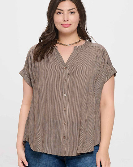 PLUS PINSTRIPE SHORT CUFF SLEEVE BUTTON DOWN SHIRT