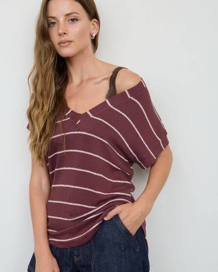 STRIPE V NECK CUFFED SLEEVE KNIT TOP