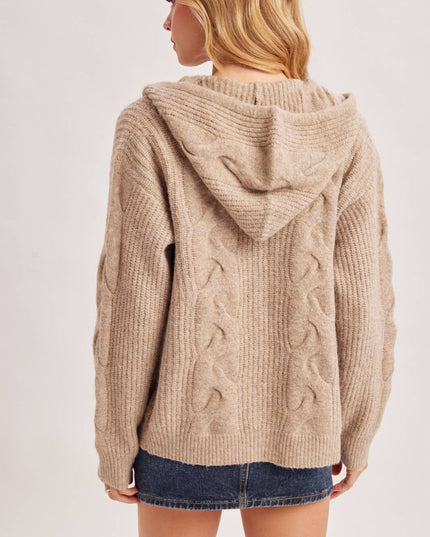 ZIP-UP CABLE KNIT SWEATER CARDIGAN WITH HOOD