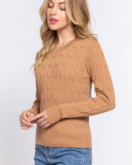 Long Sleeve Round Neck Cable Sweater