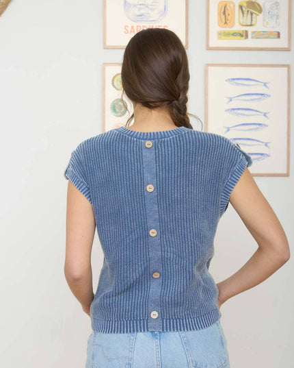 ACID WASHED TAB SLEEVE BACK BUTTON KNIT TOP