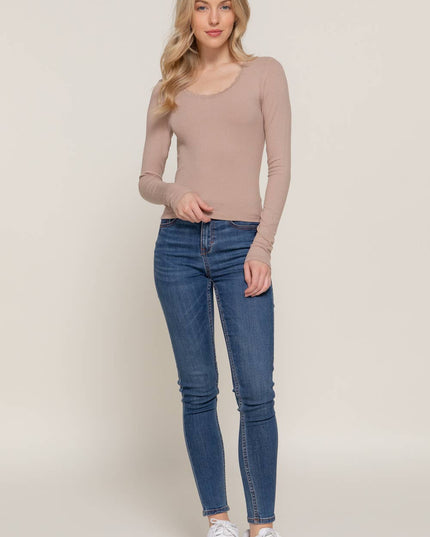 Long Sleeve Scoop Neck with Lace Trim Rib Knit Top