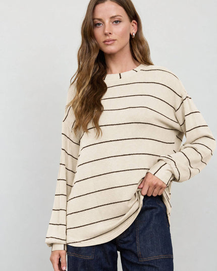 STRIPE LONG SLEEVE CUFFED RELAXED KNIT TOP