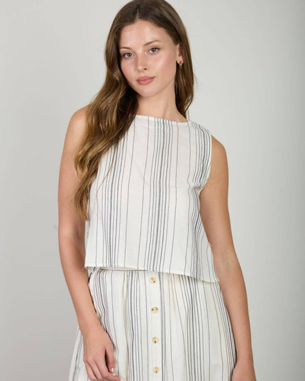 STRIPE SLEEVELESS SIDE BUTTON DETAIL TOP