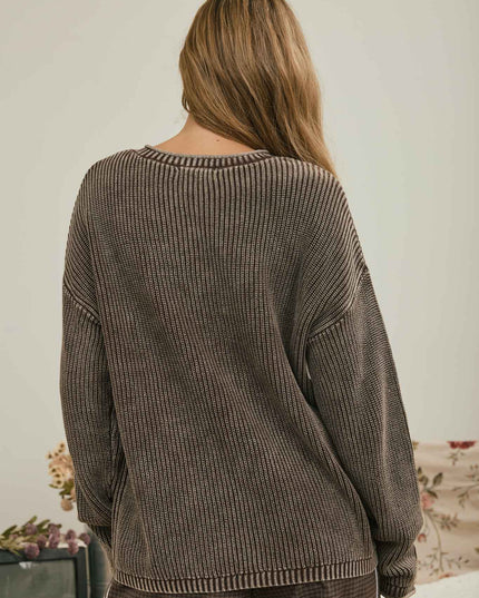 WASHED RIBBED HENLEY DROP SHOULDER KNIT SWEATER