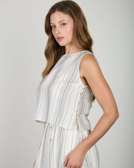 STRIPE SLEEVELESS SIDE BUTTON DETAIL TOP