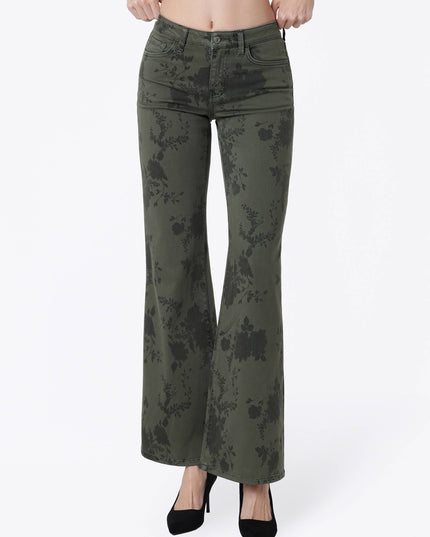 MID RISE GREEN FLORAL PRINT VINTAGE FLARE JEANS T7588GEN