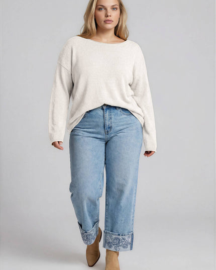 PLUS TEXTURED RAW EDGE LONG SLEEVE KNIT SWEATER