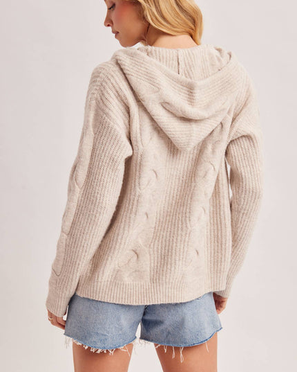 ZIP-UP CABLE KNIT SWEATER CARDIGAN WITH HOOD