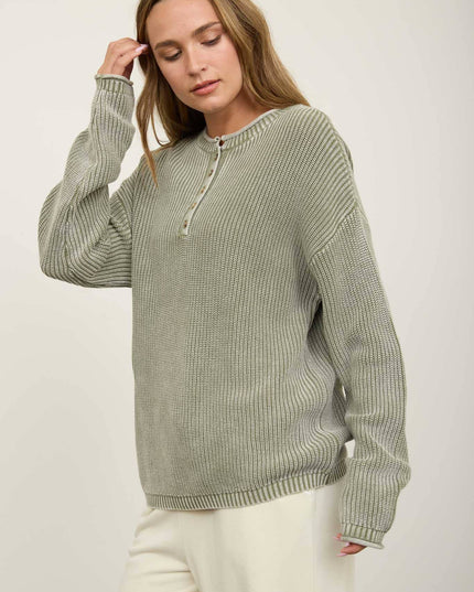WASHED RIBBED HENLEY DROP SHOULDER KNIT SWEATER