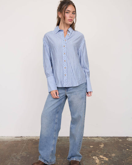 STRIPE COLLARED BACK BUTTON DETAIL LONG SLEEVE TOP