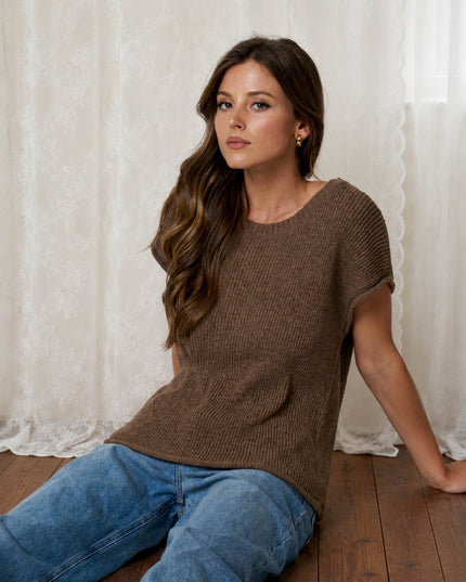 CREW NECK RAW SLEEVE RELAXED SWEATER KNIT TOP