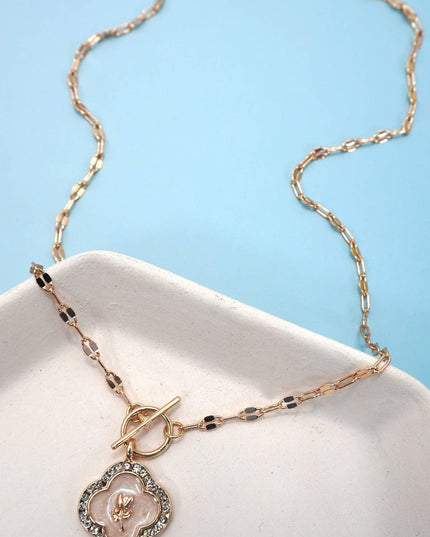 RHINESTONE ROSE FLOWER PEARL CHARM TOGGLE NECKLACE | 80N9201
