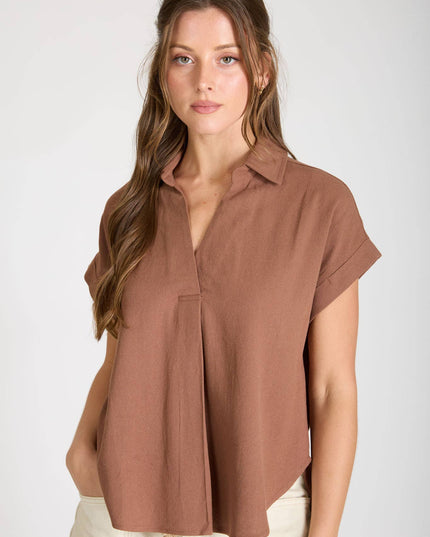 COLLARED SPLIT NECK CUFF SLEEVE U HEM LINEN TOP