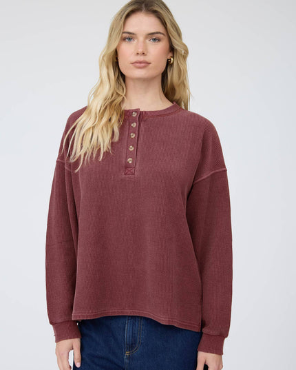 HENLEY RIBBED BOXY LONG SLEEVE WASHED KNIT TOP
