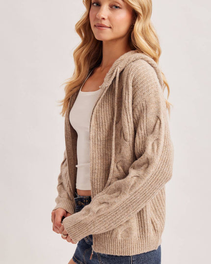 ZIP-UP CABLE KNIT SWEATER CARDIGAN WITH HOOD