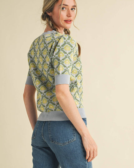 FLORAL PATTERN SHORT SLEEVE SWEATER MSW10860