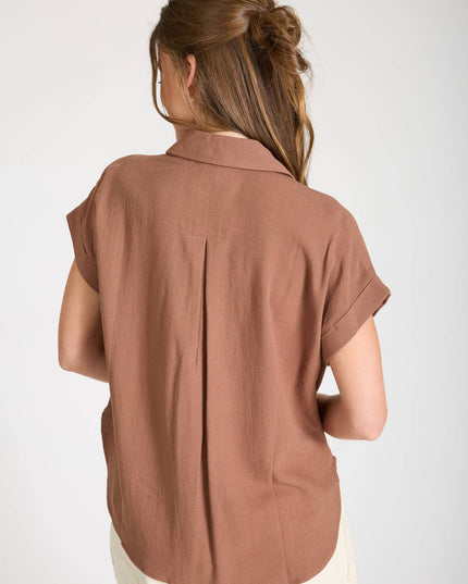 COLLARED SPLIT NECK CUFF SLEEVE U HEM LINEN TOP