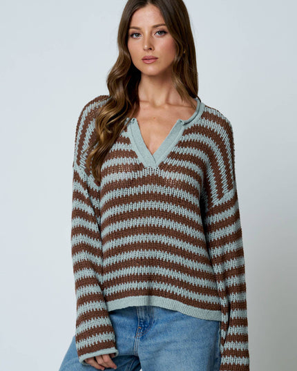STRIPE RAW EDGE SPLIT NECK SHEER KNIT SWEATER