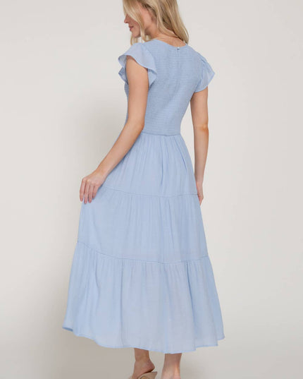 Ruffle Sleeve Crew Neck Smocked Detail Solid Tired Dress