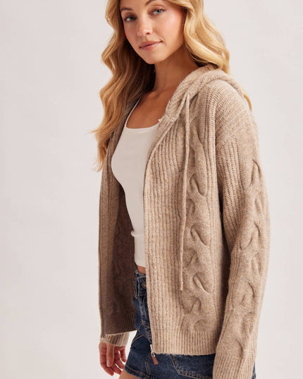 ZIP-UP CABLE KNIT SWEATER CARDIGAN WITH HOOD