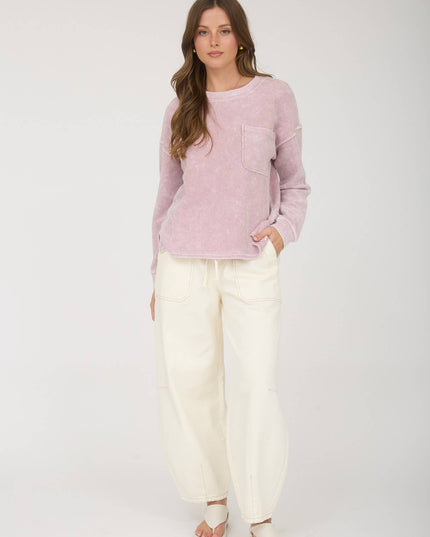 WASHED POCKET DETAIL LONG SLEEVE RIB KNIT TOP