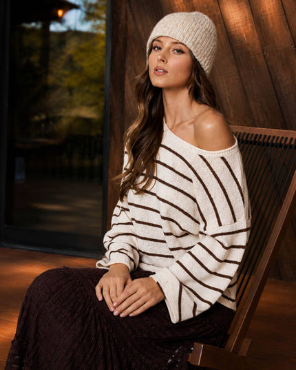 STRIPE TEXTURED RAW EDGE LONG SLEEVE KNIT SWEATER