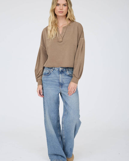 NOTCH NECK BOXY LONG SLEEVE KNIT CROP TOP