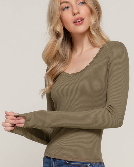 Long Sleeve Scoop Neck with Lace Trim Rib Knit Top