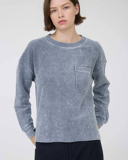 WASHED POCKET DETAIL LONG SLEEVE RIB KNIT TOP
