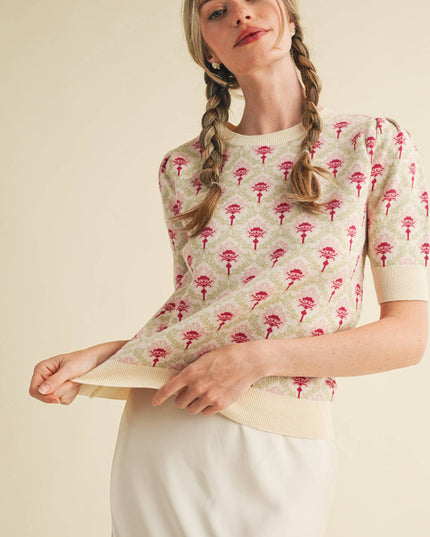 FLORAL PATTERN SHORT SLEEVE SWEATER MSW10860