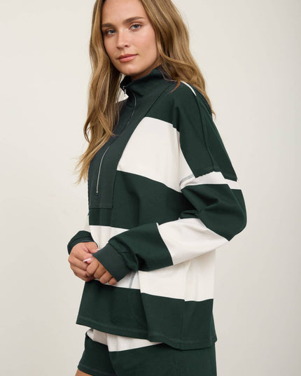 WIDE STRIPE HALF ZIP LONG SLEEVE KNIT TOP