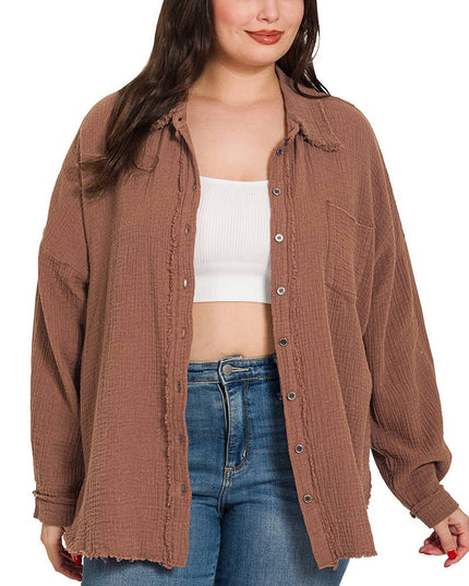 `Plus Oversized Raw Edge Shirt SI-23811 Zenana