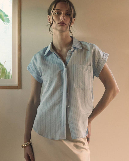 PINSTRIPE SHORT SLEEVE COLLARED SHIRT