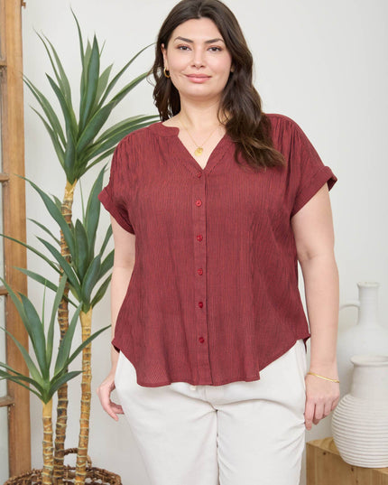 PLUS PINSTRIPE SHORT CUFF SLEEVE BUTTON DOWN SHIRT