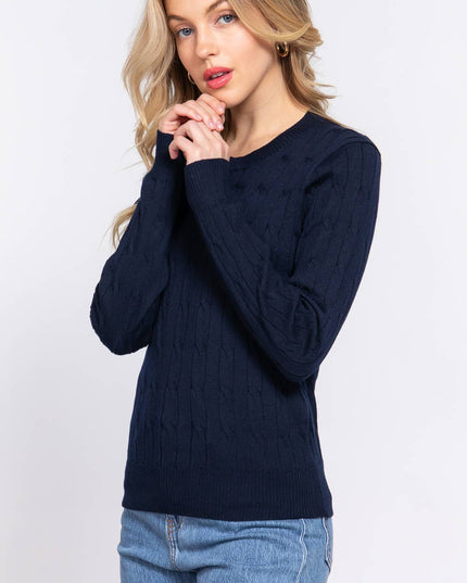 Long Sleeve Round Neck Cable Sweater