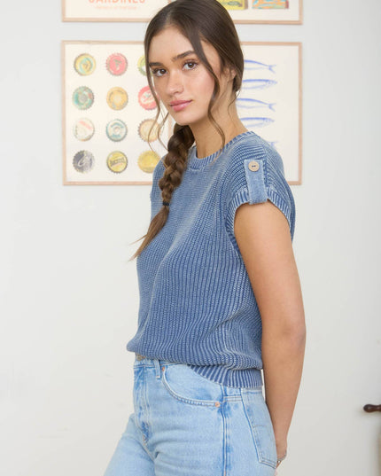 ACID WASHED TAB SLEEVE BACK BUTTON KNIT TOP