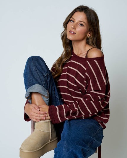 STRIPE TEXTURED RAW EDGE LONG SLEEVE KNIT SWEATER