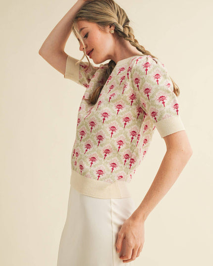 FLORAL PATTERN SHORT SLEEVE SWEATER MSW10860