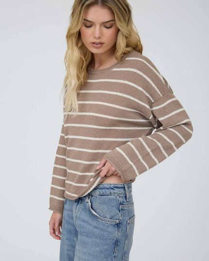 STRIPE TEXTURED RAW EDGE LONG SLEEVE KNIT SWEATER