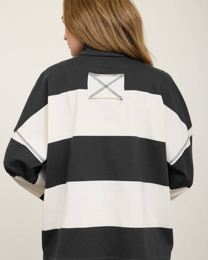 WIDE STRIPE HALF ZIP LONG SLEEVE KNIT TOP
