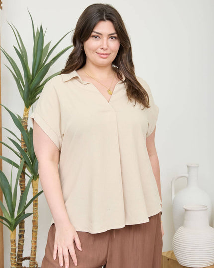 PLUS COLLARED SPLIT NECK CUFF SLEEVE LINEN TOP