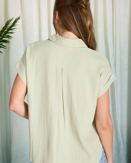 COLLARED SPLIT NECK CUFF SLEEVE U HEM LINEN TOP