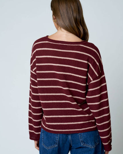 STRIPE TEXTURED RAW EDGE LONG SLEEVE KNIT SWEATER