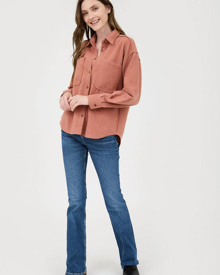 RIB KNIT EXPOSED SEAM BUTTON UP TOP
