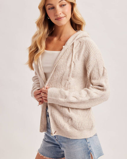 ZIP-UP CABLE KNIT SWEATER CARDIGAN WITH HOOD